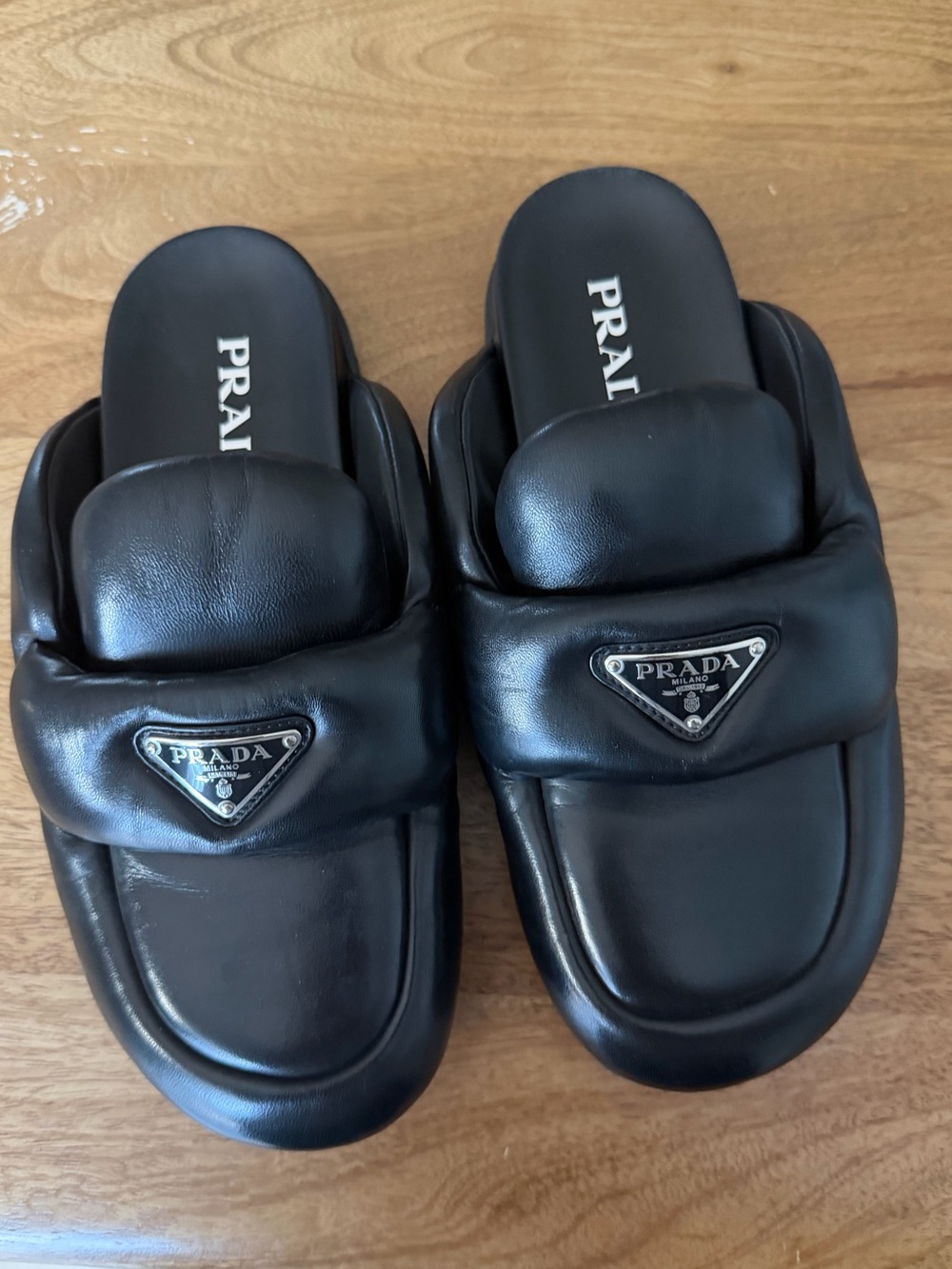 Prada Black Leather Padded Slide Sandals